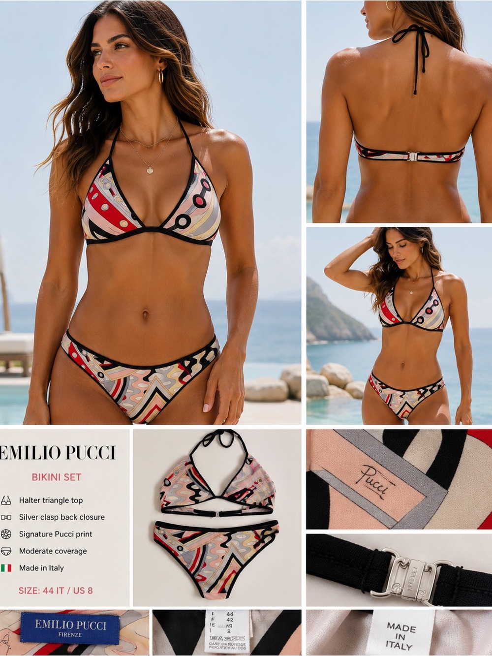 Emilio Pucci Bikini Set Size 44 IT US 8 Signature Print Halter Made In Italy
